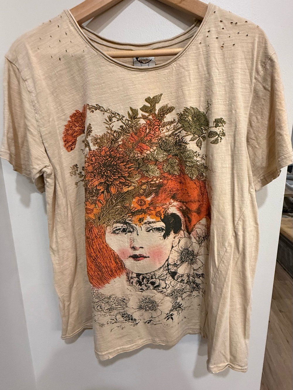 Jaded Gypsy - Beige Graphic Tee with Floral Portrait